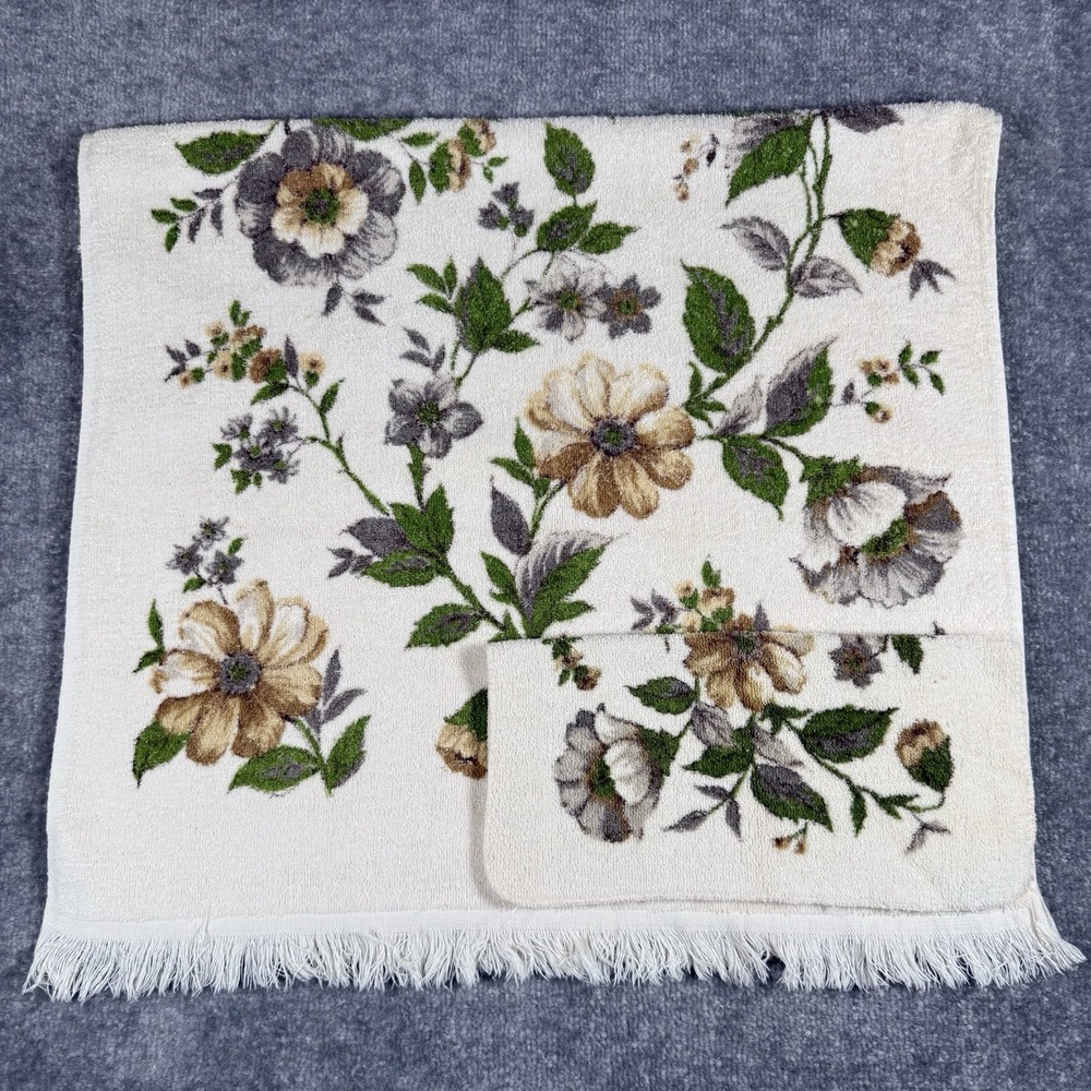 Vintage Cannon Bath Towel and‎ Washcloth Set Beige Brown Floral